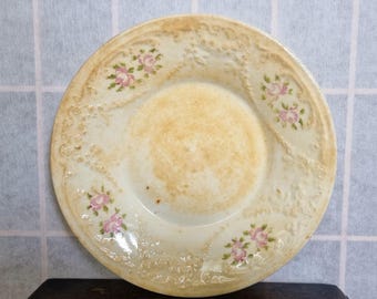 Victorian Hand-Painted Plate | 1800s English Ceramic | Pink Rose Design | Embossed Scroll Pattern | Age-Stained Antique 8.5 inch