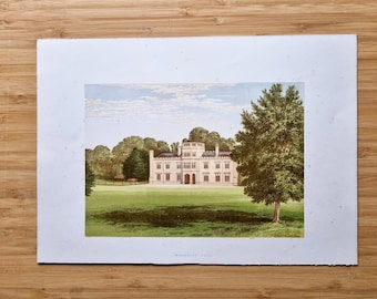 Original 1800s British Castle, Manor and Country House Lithograph Print, Antique Architecture Landscape Art