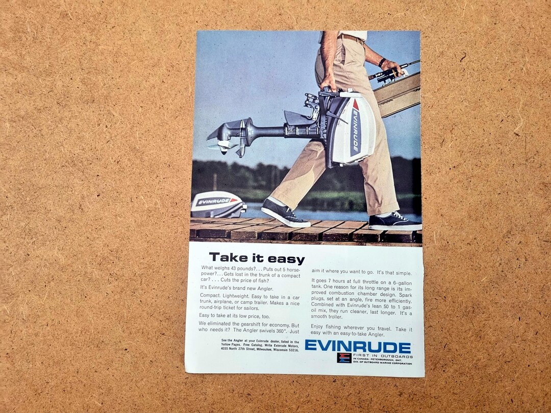 1960s Boat Ad, 1965 Evinrude Angler Outboard Motor Ad - Take It Easy ...
