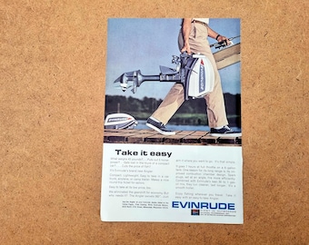 1960s Boat Ad, 1965 Evinrude Angler Outboard Motor Ad - Take it Easy Print Ad Magazine Advertisement, Original Print