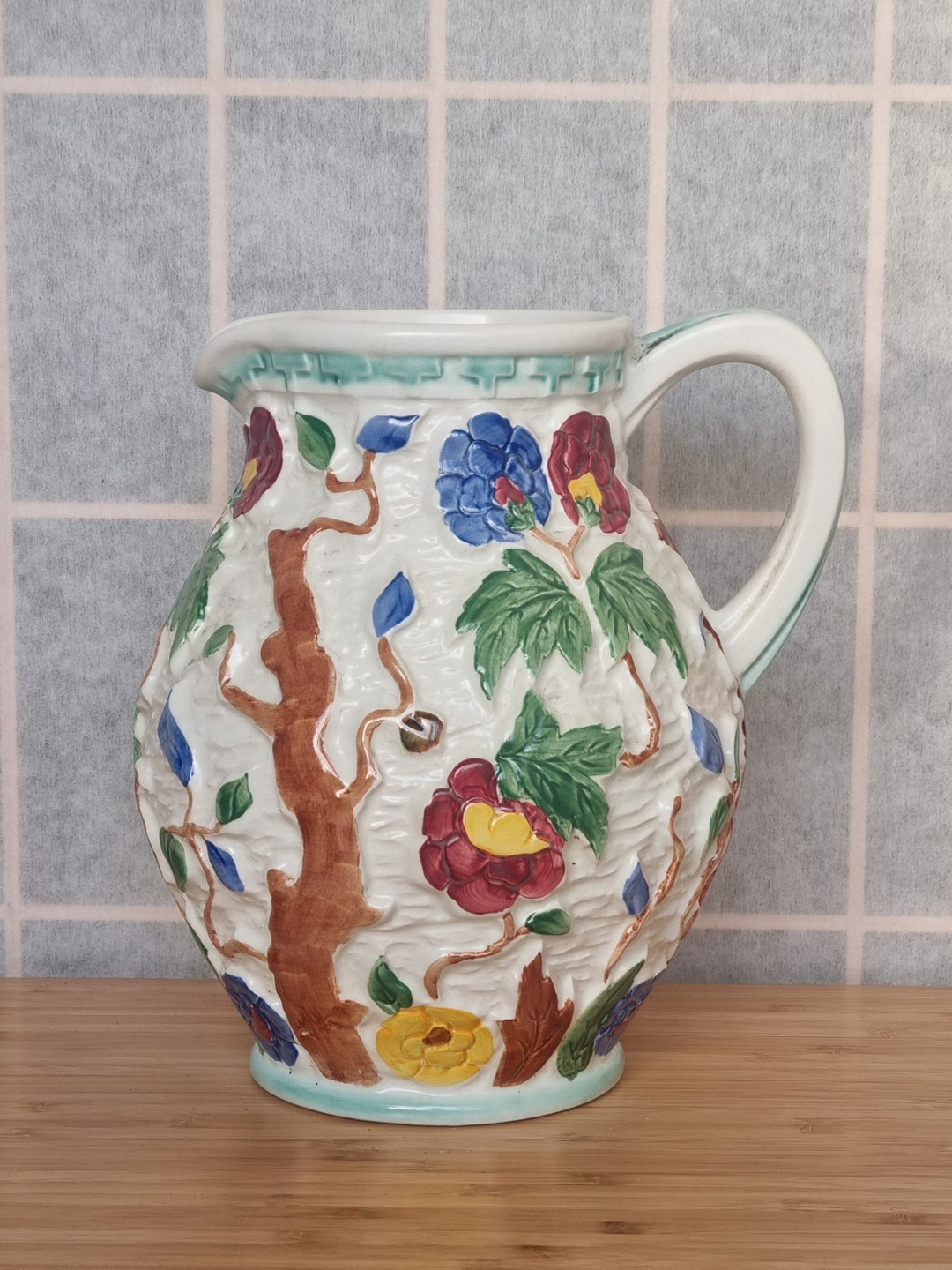 Tree Colorful Pitcher Floral Pottery Pitcher Vintage | Hand Painted Water Jug | Colorful Tree ...