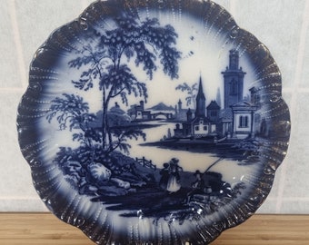Antique Flow Blue English Display Plate - antique decor