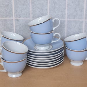 Royal Doulton Bruce Oldfield Tea Set | Pale Blue Gold Rim Porcelain | Designer Teacups Saucers 2004 | Fine Bone China 8 Pairs
