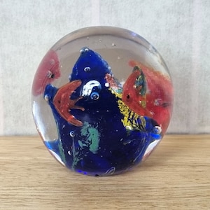 Vintage Art Glass Paperweight | Tropical Fish Aquarium | Colorful Collectible | Ocean Scene | Desk Accessory