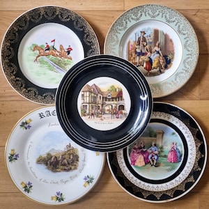 Vintage Collection Decorative Plates | Historical Scene Wall Plates with Gold Trim | Horse Hunting Fox Scene Buffalo Western | Set of 5