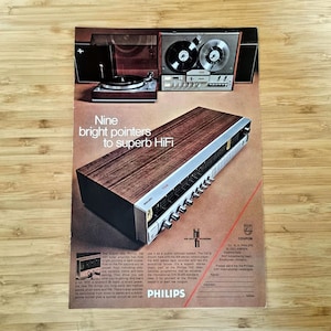 Vintage Philips Stereo Hi-Vi Tuner Amplifier 1970s Original Print Ad, 202 Electronic Hi-Fi, Old School Music Stereo System Lover