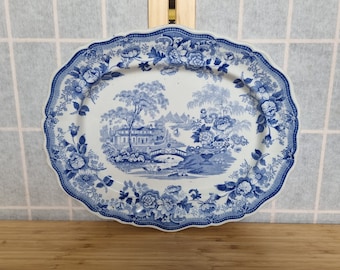 Antike englische Transferware-Servierplatte, Royal Cottage Windsor Great Park, viktorianisches 1800er Jahre Blau und Weiß, ausgebogte Kante Servierplatte