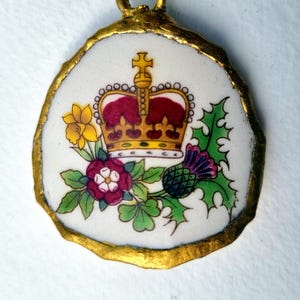 Royal Crown Broken China Pendant | Vintage British Jubilee | Handmade Upcycled Porcelain | National Flowers