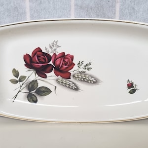 Floral Porcelain Tray, Vintage 1950s by Faianta Sighisoara, Red Rose Design, Gold Rim Serving Dish, 11.25&quot; x 6&quot; Romanian Pottery, Rare Find