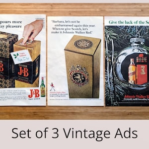Set of three original vintage Scotch whisky Christmas magazine advertisements displayed side by side, featuring J&B Rare Scotch holiday gift packaging with festive tag, Johnnie Walker Red whisky gift box advert with classic crest design, and Christmas ornament scene displaying Johnnie Walker bottle and tartan gift box, mid-century liquor advertising prints with seasonal holiday themes and retro typography.