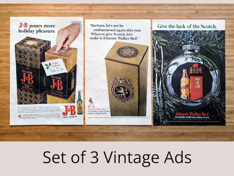 Set of three original vintage Scotch whisky Christmas magazine advertisements displayed side by side, featuring J&B Rare Scotch holiday gift packaging with festive tag, Johnnie Walker Red whisky gift box advert with classic crest design, and Christmas ornament scene displaying Johnnie Walker bottle and tartan gift box, mid-century liquor advertising prints with seasonal holiday themes and retro typography.