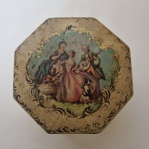 Fillerys Toffee Tin Birmingham | 1930s Victorian Scene Octagonal Box | English Confectionery Advertising | Cherub Storage Container