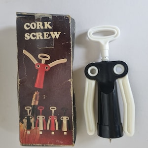 Vintage Corkscrew Bottle Opener | Retro Black White Kitchen Tool | Mid Century Wine Opener | Original Box Barware