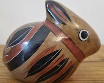 Vintage Handmade Aztec Pottery Rabbit | Mexican Folk Art Clay Bunny Figurine | Tribal Design Ceramic Animal Sculpture Home Decor