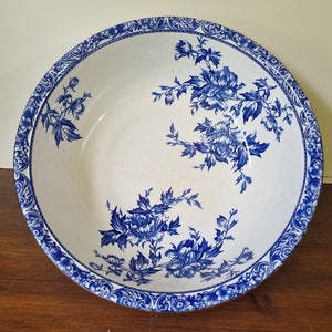 Large Antique Blue White Basin | 16 inch Staffordshire Pottery Bowl | Hand Painted Floral Design | English Decorative Bowl