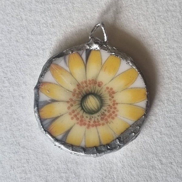 Broken China Jewelry Necklace Pendant - 100% Handmade - English Vintage Porcelain - Royal Worcester Yellow Flower - Recycled Upcycled