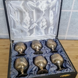 EPNS Silver Plate Goblets | Set of 6 with Original Box | English Etched Floral Wine Cups | Vintage Barware Presentation Set