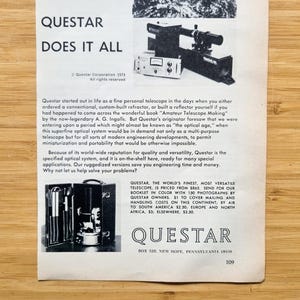 May include: A vintage black and white advertisement for Questar telescopes. The ad features a telescope, a control box, and a carrying case. Text includes "Questar Does It All" and product details.
