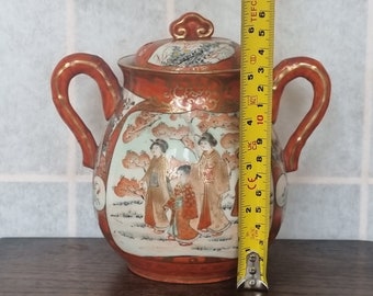 日本の蓋付き瓶、鉄赤九谷象焼の磁器、わびさび金継ぎ、芸者と風景