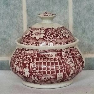 Royal Tudor Ware Sugar Bowl | Coaching Taverns Pink Transferware | Vintage English Pottery | 3.5" Lidded Storage Jar