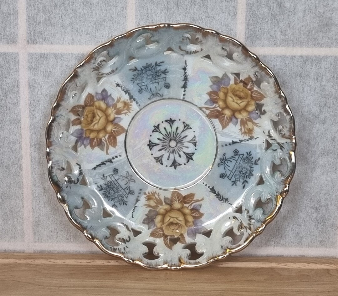 Vintage Shafford Japan Plate | Yellow Roses Blue Floral | Reticulated ...