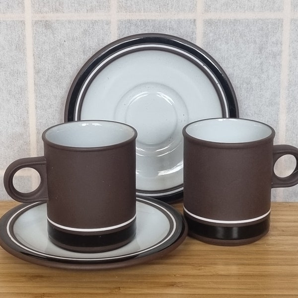 English Pottery Vintage Hornsea Contrast Coffee Cups And Saucers, Dark Brown with Black & White Banding, 150ml