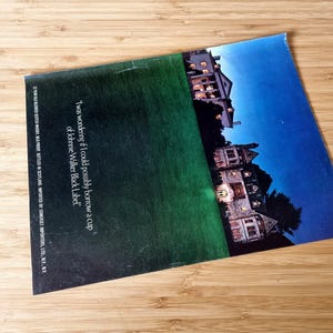 May include: A magazine advertisement featuring a nighttime scene of a large house with lights on, set against a dark blue sky. The text reads, "I was wondering if I could possibly borrow a cup of Johnnie Walker Black Label."