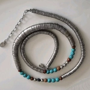 Silverskivahalsband med turkos | Träpärlor från Accessorize | Boho etnisk lång kedja | Y2K-smycken med uttalande | Vintage tung skiva