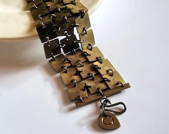 Brutalist Brass Bracelet | Vintage Handcrafted Wide Link Jewelry | Artisan Metal Work