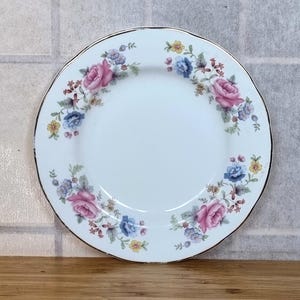 Crown Trent Bone China | English Floral Plate with Pink Roses & Blue Flowers | Gold Rim Collectible Staffordshire 6.5 inch