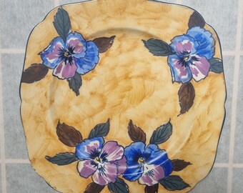 Vintage Antique English China Plate Tunstall Viola Hand Painted Square Dish