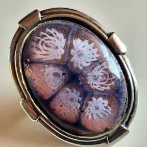 Venetian Glass Brooch | Purple Millefiori Murano Pin | Italian Oval Silver Tone Jewelry | Vintage Floral Glass 1 Inch, Murano Jewelry