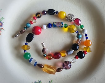 Multicolour Art Glass Bead Necklace Vintage Jewellery Chunky Heavy 20"