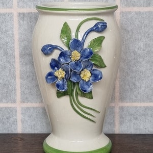 Italian Ceramic Flower Vase | Vintage 80s GBC Mediterranean Blue Floral Relief | Hand Painted White Green Pottery | Cottage Decor