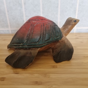 Folk Art Wooden Turtle | Vintage Handpainted Animal Figure | Hand Carved Wood Sculpture | Rustic Home Decor Collectible Art Gift
