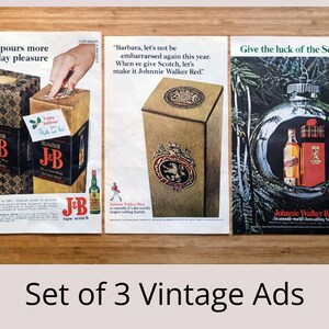 May include: Set of three vintage advertisements for scotch. The ads feature text and images of the product, including bottles and gift boxes. One ad shows a hand reaching for a gift box. The ads are on a wooden surface.
