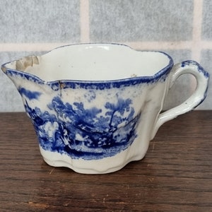 English Blue White Creamer | Antique Porcelain with Pastoral Scene | Flow Blue Style Transferware | Cottage Dining Collection