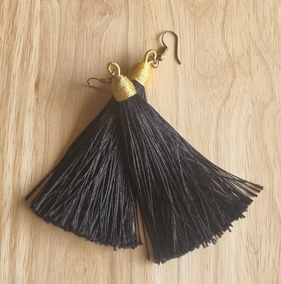 Black Silk Tassel Earrings Inch Long Statement Dangles Gold