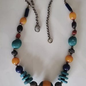 Tribal Beaded Necklace | 18 Inch Turquoise Orange Statement | Boho Festival Jewelry | Ethnic Style Bohemian Design