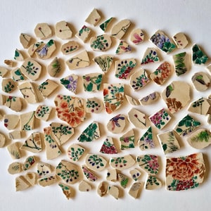 Antique Japanese Earthenware Shards, Hand Painted Floral Ceramic Fragments, 1920s Taisho Era Pottery Pieces, Craft Supply Lot