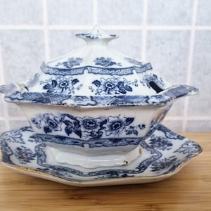 Flow Blue Tureen Set | Antique English Serving Bowl with Lid & Saucer | Blue Floral 5.5&quot; Sauce Tureen | Victorian Dining Collection