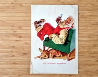 Vintage Advertising Print Art, Coca-Cola Santa Illustration, 1950s Magazine Page, Midcentury Christmas Wall Decor, Holiday Ephemera