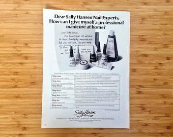 Publicité dans le magazine beauté vintage, publicité pour les soins des ongles de Sally Hansen, impression du guide de manucure des années 1980, décoration de vanité cosmétique, art éditorial de mode
