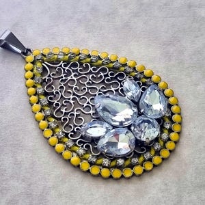 Big Oval Pendant with Bright Yellow Plastic Cabochons and Rhinestones
