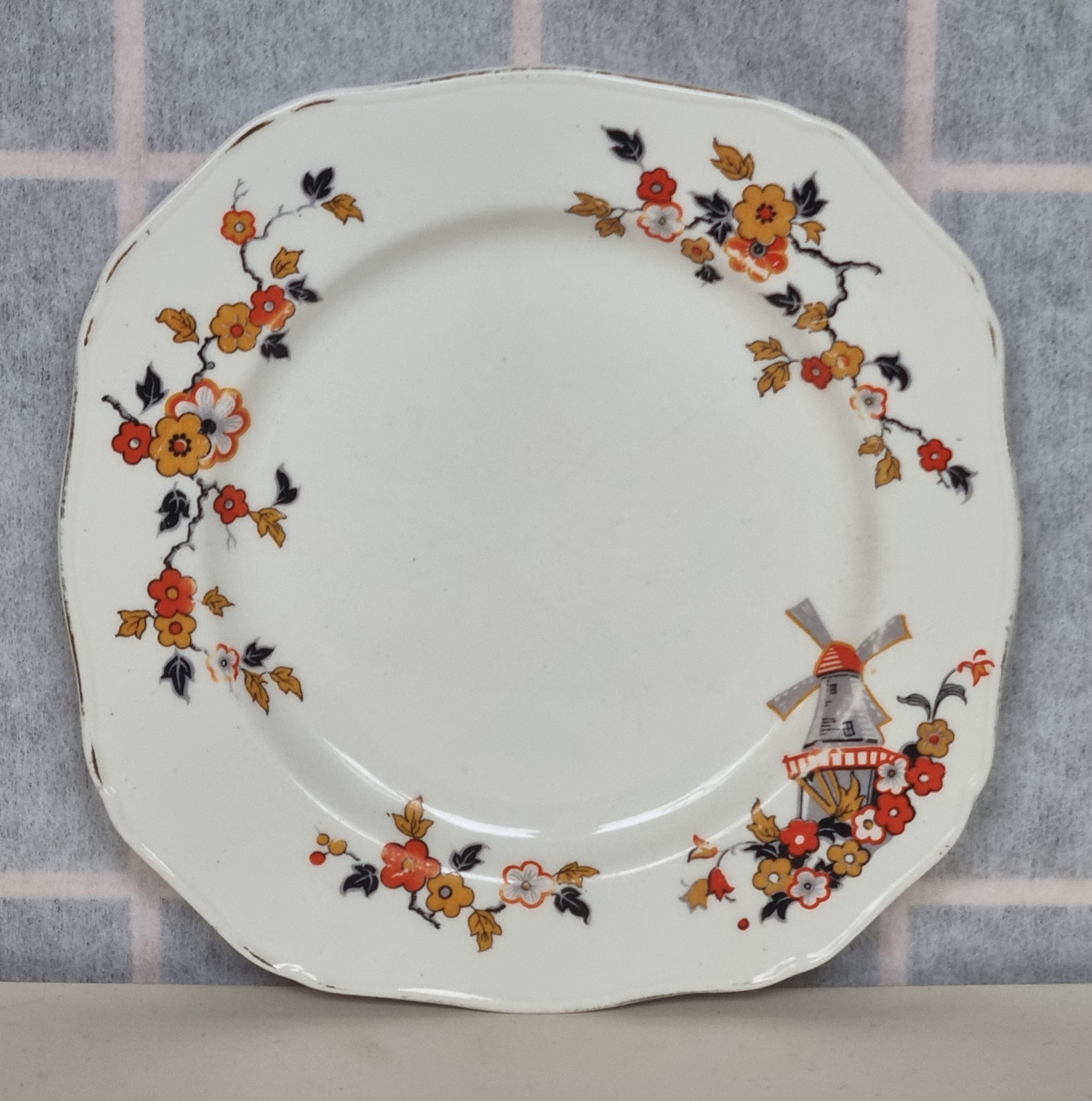 Alfred Meakin Windmill Plate | Art Deco Orange Floral Square China