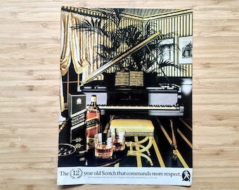 Vintage alkoholreklam, Johnnie Walker Black Label-reklam, 12-årsjubileum med skotsk flygel i loungen, vintage whiskybardekor 10×7