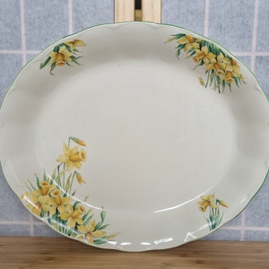 Cream Petal Platter Grindley England | Yellow Daffodil China Serving Dish | Vintage Scalloped Tableware 11.5&quot;x14&quot; | Spring Floral Dining