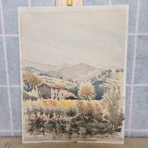 French Watercolor Painting | Vintage 1980s Landscape Art | Signed Lourant | Argeles-sur-Mer Mediterranean Scene | Home Decor
