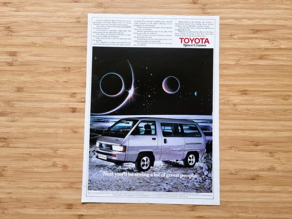 Vintage Car Advertisement Print, Toyota Space Cruiser Magazine Ad, 1980s Automotive Advertising Art, Retro Sci Fi Design