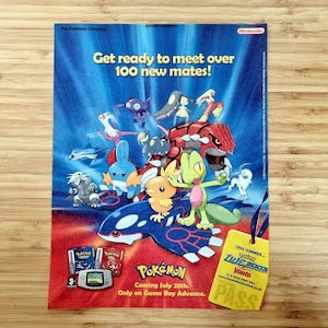 Original 2003 Pokémon Ruby & Sapphire Magazine Advertisement, Game Boy Advance, “Get ready to meet over 100 new mates!”, ~12 x 9 in, Vimto